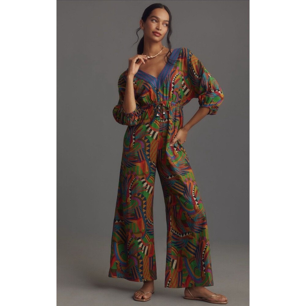 Farm Rio Jumpsuit Green Floral Wide Leg Linen Blend Preppy Retro Size XS NWT